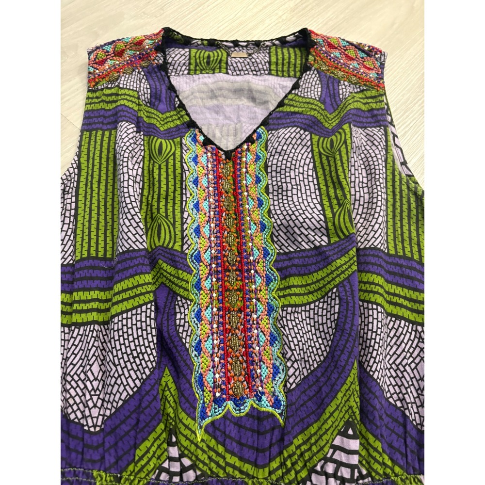 Custo Barcelona Mini Dress Women Purple Green Mosaic Print Beaded Smocked Size 1 - Picture 12 of 16